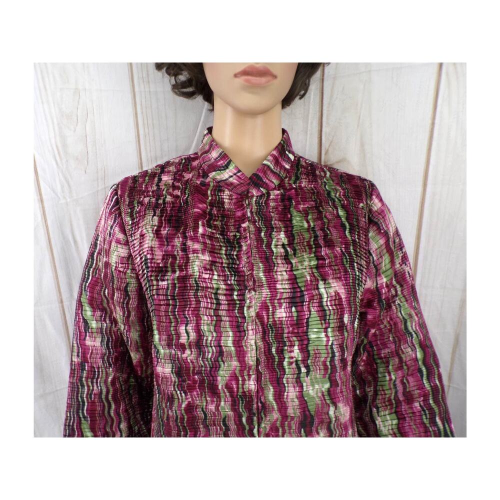 Analogy Zip Up Blazer Jacket Cranberry / Green Mandarin Collar Ruche Texture Med
